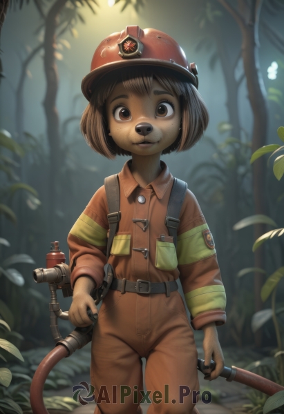 1girl,solo,looking at viewer,smile,short hair,brown hair,long sleeves,holding,animal ears,brown eyes,standing,tail,outdoors,belt,blurry,uniform,tree,military,blurry background,helmet,child,nature,furry,forest,freckles,furry female,female child,jacket,parted lips,mole,mole under eye,bob cut