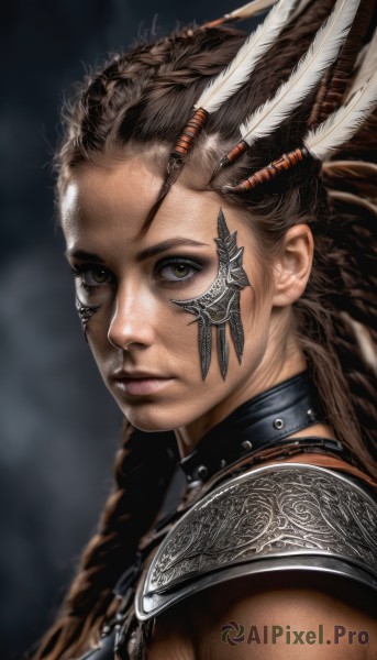 1girl,solo,long hair,looking at viewer,brown hair,hair ornament,brown eyes,upper body,braid,dark skin,armor,blurry,twin braids,collar,lips,facial mark,feathers,shoulder armor,portrait,realistic,nose,feather hair ornament,facepaint,dreadlocks,tribal,native american,jewelry,male focus,choker,necklace,from side,close-up