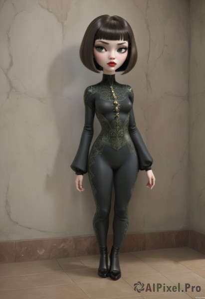 1girl,solo,breasts,looking at viewer,short hair,bangs,brown hair,black hair,long sleeves,closed mouth,green eyes,standing,full body,small breasts,artist name,indoors,signature,blunt bangs,nail polish,black footwear,lips,looking to the side,bodysuit,makeup,shadow,turtleneck,watermark,bob cut,lipstick,skin tight,red nails,web address,black bodysuit,red lips,eyeliner,wall,shirt,jewelry,boots,pants,necklace,high heels,black pants,corset