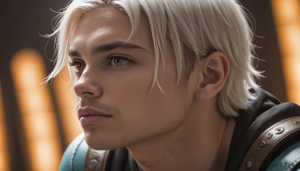 solo,short hair,blonde hair,1boy,brown eyes,white hair,male focus,parted lips,indoors,armor,mole,blurry,lips,blurry background,facial hair,shoulder armor,portrait,beard,close-up,freckles,realistic,nose,stubble,closed mouth,scar,backlighting