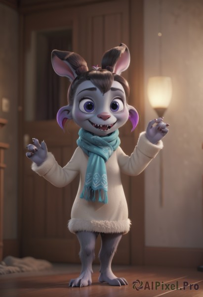 1girl,solo,looking at viewer,smile,open mouth,animal ears,standing,purple eyes,full body,purple hair,multicolored hair,teeth,artist name,indoors,scarf,rabbit ears,blurry,two-tone hair,fur trim,blurry background,sharp teeth,furry,wooden floor,door,furry female,lamp,blue scarf,animal nose,topknot,buck teeth,blush,short hair,blue eyes,brown hair,long sleeves,tail,ponytail,barefoot,signature,coat,hands up,gradient hair,colored skin,watermark,child,claws,blue skin,rabbit girl,winter clothes,female child,body fur,grey fur