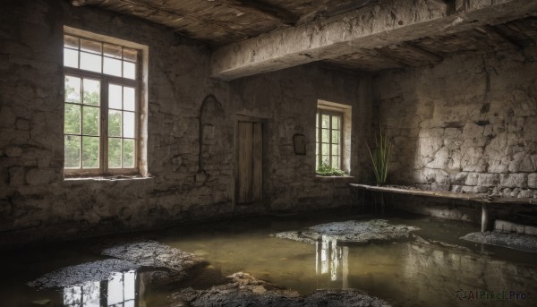 outdoors,day,indoors,water,tree,no humans,window,sunlight,plant,scenery,reflection,door,wall,ruins,moss,overgrown,broken window,fantasy,brick wall,stone wall