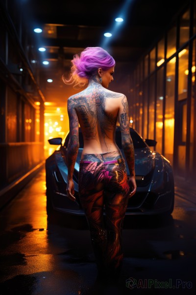 1girl,solo,short hair,jewelry,standing,pink hair,purple hair,ass,earrings,looking back,pants,dark skin,from behind,dark-skinned female,tattoo,makeup,night,back,topless,piercing,lipstick,ground vehicle,ear piercing,motor vehicle,butt crack,car,arm tattoo,back tattoo,underwear,closed eyes,multicolored hair,blurry,eyelashes,glowing,walking,hoop earrings,realistic,nose,bare back,tight,very short hair,purple pants,neon lights