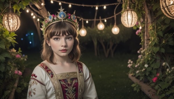 1girl,solo,long hair,looking at viewer,bangs,brown hair,hair ornament,dress,brown eyes,closed mouth,upper body,flower,outdoors,medium hair,blurry,tree,lips,night,crown,plant,nature,realistic,depth of field,leaf,gem,forest,lantern,fantasy,light,bush,vines