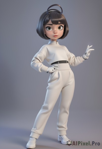 1girl,solo,looking at viewer,short hair,bangs,simple background,brown hair,black hair,gloves,long sleeves,brown eyes,closed mouth,standing,full body,ahoge,hairband,shoes,belt,pants,white gloves,dark skin,blunt bangs,grey background,dark-skinned female,lips,hand on hip,bodysuit,turtleneck,white footwear,bob cut,child,white pants,female child,jumpsuit