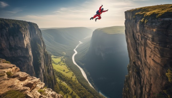 solo,1boy,male focus,outdoors,sky,day,cloud,water,tree,nature,scenery,flying,mountain,river,landscape,cliff,boots,cape,bodysuit,red cape,superhero,waterfall