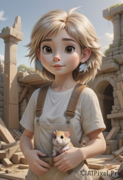 1girl,solo,looking at viewer,blush,smile,short hair,bangs,blonde hair,shirt,holding,brown eyes,jewelry,closed mouth,white shirt,upper body,short sleeves,earrings,outdoors,sky,day,artist name,medium hair,blue sky,lips,animal,thick eyebrows,feathers,child,freckles,female child,overalls,ruins,holding animal,mouse,pillar,brown hair,parted lips,carrying,realistic,nose