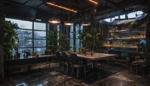 indoors,tree,cup,no humans,window,chair,table,plant,building,scenery,plate,drinking glass,science fiction,rain,wooden floor,city,potted plant,lamp,cityscape,stool,restaurant,ceiling light,cafe,signature,bottle,tiles,ceiling,bar (place),blinds