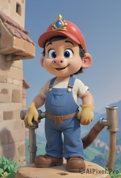 mario,solo,looking at viewer,smile,short hair,open mouth,blue eyes,brown hair,shirt,black hair,gloves,1boy,hat,standing,tail,full body,white shirt,short sleeves,male focus,outdoors,sky,shoes,day,belt,blue sky,brown footwear,grass,child,red headwear,furry,brown belt,overalls,furry male,male child,blue overalls,:d,teeth,blurry,blurry background,brown gloves,yellow gloves