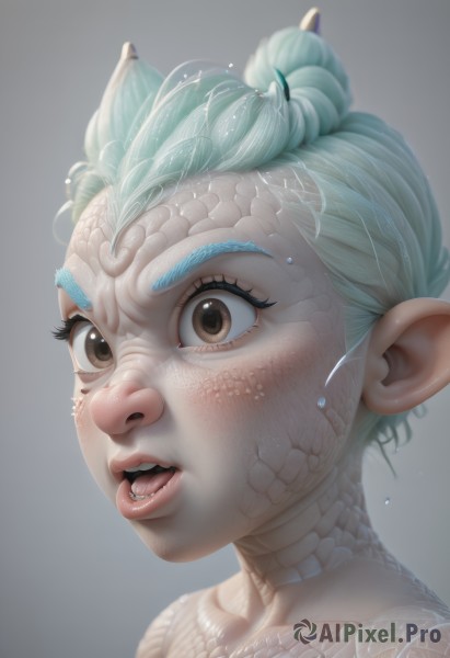 1girl,solo,short hair,open mouth,simple background,brown eyes,collarbone,green hair,horns,teeth,pointy ears,grey background,hair bun,lips,wet,eyelashes,aqua hair,single hair bun,monster girl,portrait,freckles,realistic,scales,hair ornament,white background,tongue,piercing,close-up,nose