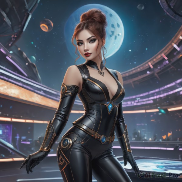 1girl,solo,long hair,breasts,looking at viewer,brown hair,gloves,cleavage,bare shoulders,brown eyes,jewelry,medium breasts,standing,cowboy shot,parted lips,black gloves,elbow gloves,pants,artist name,necklace,hair bun,lips,bodysuit,makeup,night,watermark,moon,single hair bun,lipstick,skin tight,full moon,science fiction,contrapposto,nose,black bodysuit,red lips,planet,earrings,sky,belt,grey eyes,gem,star (sky),web address,hoop earrings,realistic,space