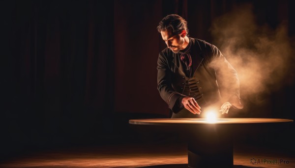 solo,short hair,shirt,black hair,long sleeves,1boy,sitting,jacket,male focus,necktie,glowing,facial hair,formal,table,suit,smoke,mustache,light,dark,vest,parody,eyepatch,old,old man