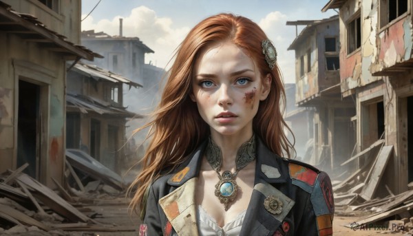 HQ,1girl,solo,long hair,breasts,looking at viewer,blue eyes,brown hair,hair ornament,cleavage,jewelry,medium breasts,collarbone,jacket,upper body,outdoors,parted lips,sky,choker,day,cloud,necklace,uniform,blue sky,lips,military,blood,cloudy sky,building,gem,pendant,injury,blood on face,realistic,nose,ruins,red hair,orange hair,freckles,dirty,dirty face