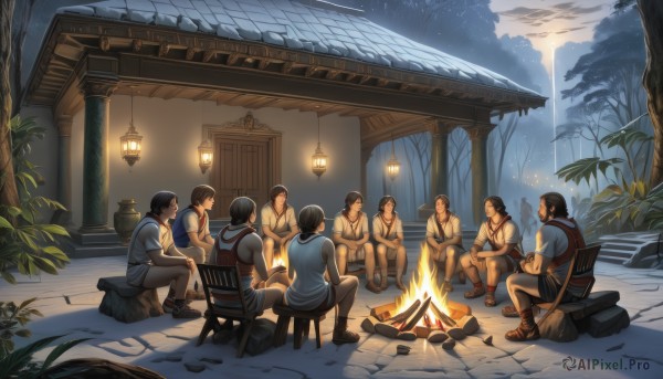 long hair,smile,short hair,multiple girls,brown hair,shirt,black hair,sitting,ponytail,short sleeves,male focus,boots,outdoors,food,multiple boys,sky,shoes,shorts,sleeveless,pants,cloud,hood,water,bag,looking at another,tree,night,facial hair,chair,crossed arms,sandals,table,fire,plant,nature,scenery,broom,forest,6+boys,lantern,rock,lamp,cooking,towel around neck,log,campfire,wood,white shirt,necklace,sleeveless shirt,tattoo,muscular,thick eyebrows,backpack,tank top,blue shirt,pectorals,muscular male,towel,t-shirt,sneakers,bara,beard,snow,topless male,sideburns,snowing,mature male,mustache,architecture,east asian architecture,chest hair,leg hair,arm hair,hairy