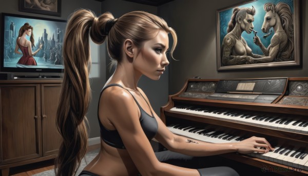 1girl,solo,long hair,breasts,blonde hair,brown hair,dress,bare shoulders,medium breasts,sitting,underwear,ponytail,indoors,bra,from side,lips,tattoo,profile,makeup,instrument,sports bra,mirror,realistic,nose,music,playing instrument,statue,painting (object),piano,blue eyes,very long hair