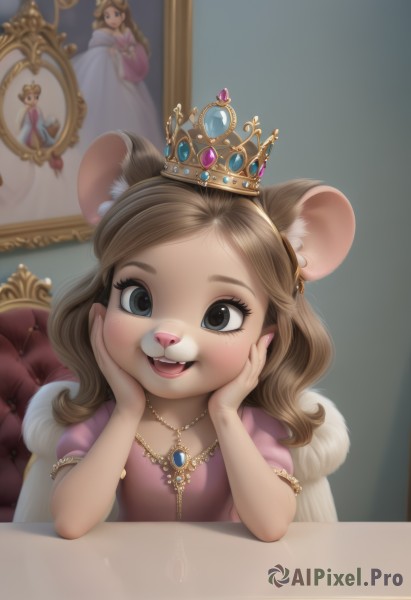 1girl,solo,long hair,looking at viewer,blush,smile,open mouth,bangs,blue eyes,brown hair,dress,animal ears,jewelry,sitting,upper body,short sleeves,teeth,puffy sleeves,artist name,indoors,necklace,cape,black eyes,flat chest,puffy short sleeves,animal ear fluff,grey eyes,hands up,makeup,fangs,chair,table,happy,tiara,crown,gem,child,pink dress,furry,forehead,pink nails,reflection,mirror,mouse ears,furry female,female child,hands on own face,white fur,straight-on,animal nose,hands on own cheeks,red gemstone,princess,buck teeth,pov across table,eyelashes,freckles,head rest,picture frame