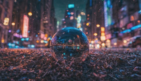 outdoors, sky, blurry, no humans, night, depth of field, building, scenery, science fiction, city, cityscape, city lights