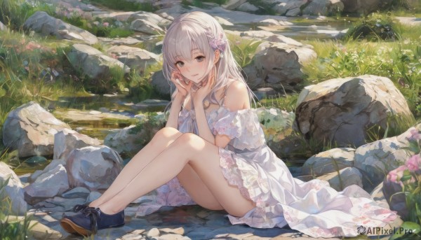 1girl,solo,long hair,breasts,looking at viewer,blush,smile,open mouth,bangs,hair ornament,dress,hair between eyes,bare shoulders,brown eyes,medium breasts,sitting,collarbone,full body,flower,white hair,short sleeves,:d,grey hair,sidelocks,thighs,outdoors,frills,shoes,day,hair flower,water,off shoulder,black footwear,white dress,legs,grey eyes,hands up,bare legs,sleeveless dress,floral print,sunlight,grass,knees up,pink flower,rock,off-shoulder dress,hands on own face,on ground,river,hands on own cheeks,jewelry,braid,parted lips,sleeveless,necklace,high heels,frilled dress