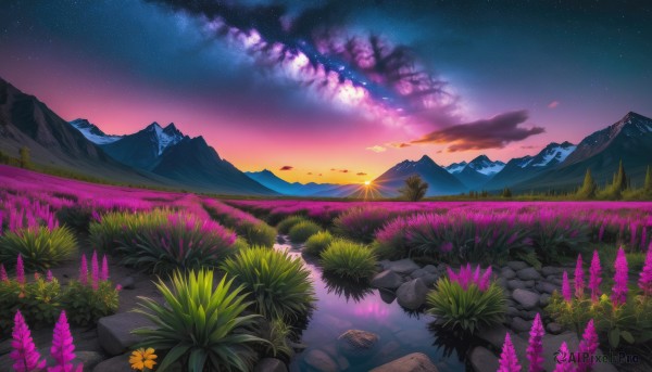 A landscape portrayed in a inviting sunset outdoors