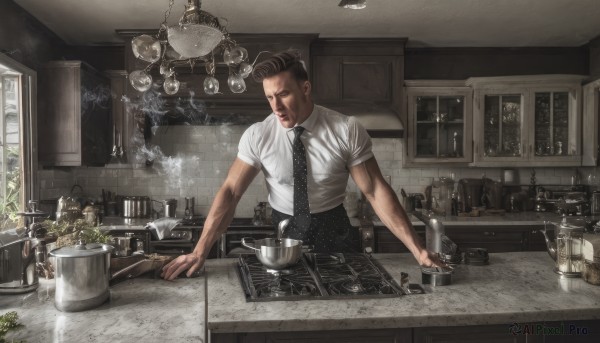 solo,short hair,brown hair,shirt,black hair,1boy,closed mouth,standing,white shirt,short sleeves,male focus,necktie,collared shirt,pants,indoors,cup,window,table,bottle,plant,black necktie,smoke,pocket,realistic,potted plant,lamp,breast pocket,shelf,kitchen,jar,sink,light bulb,counter,faucet,black pants,door,cabinet,chandelier