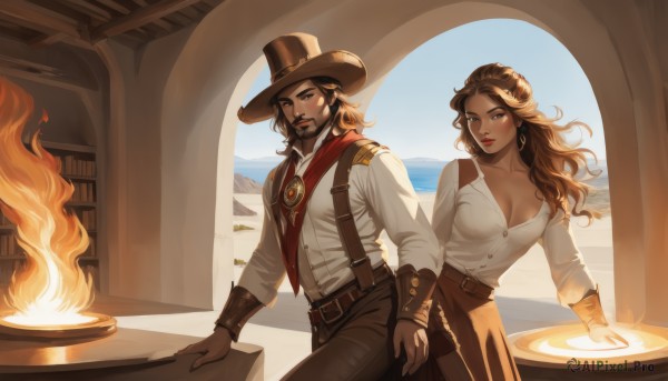 1girl,long hair,breasts,looking at viewer,smile,skirt,brown hair,shirt,long sleeves,1boy,hat,cleavage,brown eyes,jewelry,medium breasts,closed mouth,standing,collarbone,white shirt,cowboy shot,earrings,outdoors,parted lips,sky,day,collared shirt,belt,pants,indoors,dark skin,looking at another,blue sky,lips,book,makeup,facial hair,wavy hair,black pants,table,suspenders,fire,lipstick,beard,buckle,brown skirt,mustache,brown headwear,red lips,brown belt,brown pants,flame,cowboy hat,cowboy western,mole above mouth,large breasts,leaning forward,buttons,hoop earrings,belt buckle