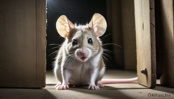 HQ,looking at viewer,blue eyes,tail,full body,indoors,no humans,animal,cat,claws,realistic,door,animal focus,mouse,pillar,whiskers,open door,solo,open mouth,teeth,black eyes,white fur