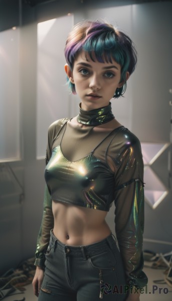 1girl,solo,breasts,looking at viewer,short hair,bangs,blue eyes,black hair,long sleeves,navel,jewelry,blue hair,standing,collarbone,purple hair,multicolored hair,cowboy shot,earrings,small breasts,parted lips,choker,midriff,pants,indoors,stomach,collar,two-tone hair,lips,crop top,see-through,torn clothes,makeup,black pants,sunlight,denim,zipper,jeans,hoop earrings,realistic,nose,arms at sides,leather,torn pants,torn jeans,leather pants,abs,lipstick