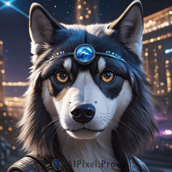 solo,looking at viewer,brown eyes,jewelry,outdoors,sky,artist name,signature,armor,blurry,no humans,night,blurry background,animal,fangs,cat,shoulder armor,building,gem,portrait,star (sky),night sky,starry sky,colored sclera,circlet,city,realistic,animal focus,whiskers,blue gemstone,red gemstone,yellow eyes,mole,depth of field