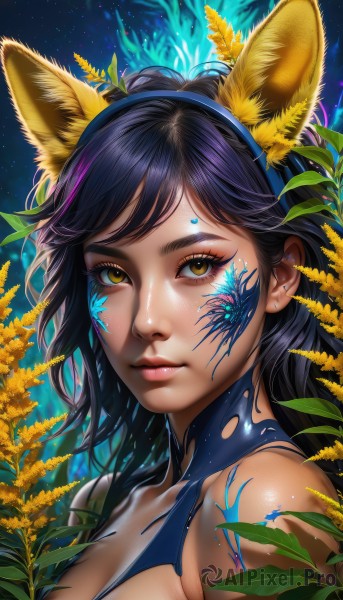 1girl,solo,long hair,breasts,looking at viewer,bangs,black hair,animal ears,cleavage,bare shoulders,brown eyes,jewelry,medium breasts,closed mouth,yellow eyes,upper body,purple hair,flower,hairband,earrings,shiny,artist name,cat ears,lips,fox ears,eyelashes,makeup,fake animal ears,facial mark,plant,portrait,yellow flower,nose,blue hairband,multicolored hair,sky,from side,streaked hair,shiny skin,night,leaf,close-up,freckles,pink lips,facepaint,bodypaint,mascara