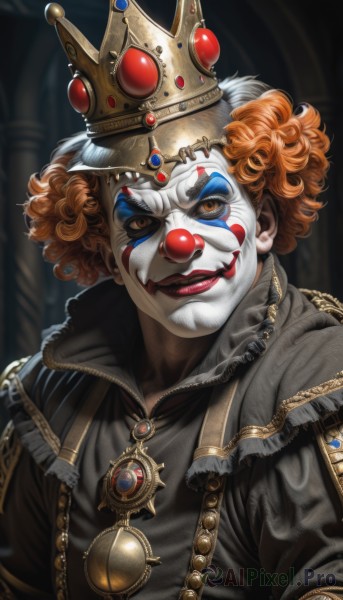 solo,looking at viewer,smile,1boy,brown eyes,jewelry,closed mouth,upper body,white hair,male focus,multicolored hair,orange hair,blurry,two-tone hair,lips,orange eyes,makeup,mask,blurry background,crown,lipstick,gem,curly hair,red lips,facepaint,clown,brown hair,teeth,necklace,facial hair,evil smile,neck ruff