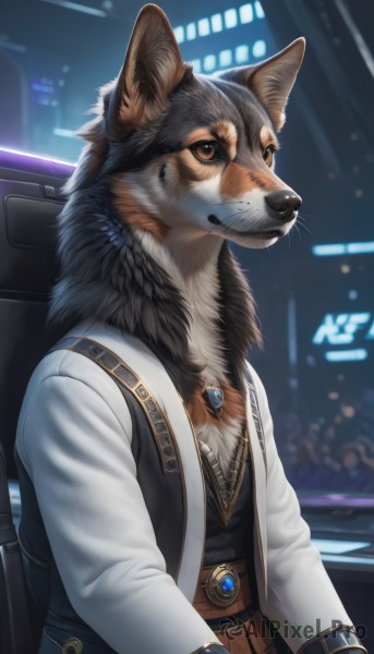 solo,shirt,long sleeves,1boy,animal ears,brown eyes,jewelry,sitting,closed mouth,jacket,white shirt,upper body,braid,male focus,belt,necklace,blurry,vest,night,blurry background,white jacket,brooch,gem,furry,black vest,furry male,body fur,white fur,animal nose,brown vest,snout,brown fur,black fur,grey fur,orange fur,looking at viewer,smile,artist name