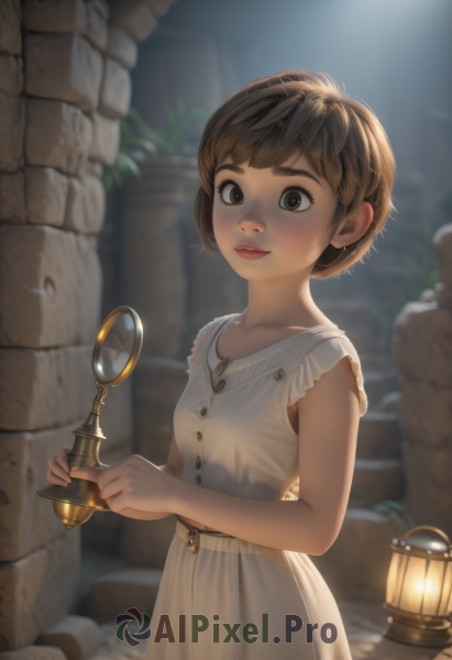 1girl,solo,looking at viewer,blush,smile,short hair,bangs,brown hair,dress,holding,brown eyes,jewelry,closed mouth,standing,collarbone,earrings,small breasts,outdoors,sleeveless,belt,white dress,blurry,lips,buttons,sleeveless dress,blurry background,freckles,lantern,stone wall,breasts,parted lips,necklace,night,thick eyebrows,lamp,magnifying glass