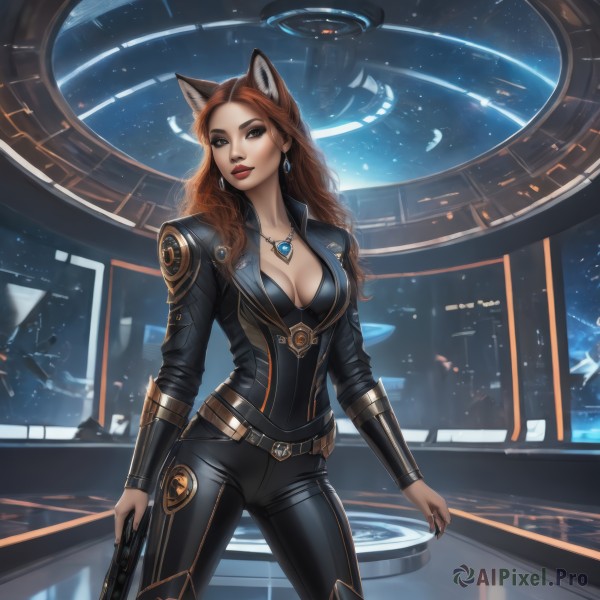 1girl,solo,long hair,breasts,looking at viewer,large breasts,brown hair,holding,animal ears,cleavage,brown eyes,jewelry,medium breasts,standing,weapon,cowboy shot,earrings,belt,artist name,cat ears,necklace,nail polish,holding weapon,mole,lips,gun,fox ears,bodysuit,makeup,watermark,wavy hair,lipstick,holding gun,black nails,skin tight,buckle,handgun,pendant,science fiction,contrapposto,belt buckle,nose,black bodysuit,red lips,space,planet,spacecraft,energy gun,underwear,collarbone,parted lips,signature,bra,black pants,star (sky),web address,freckles,curly hair,realistic,leather