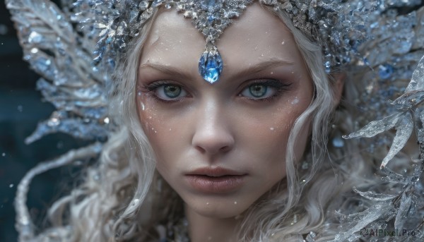 1girl,solo,long hair,looking at viewer,hair ornament,jewelry,closed mouth,green eyes,white hair,blurry,lips,grey eyes,eyelashes,depth of field,blurry background,wavy hair,gem,portrait,close-up,ice,crystal,realistic,pointy ears,water,freckles,nose,snowflakes