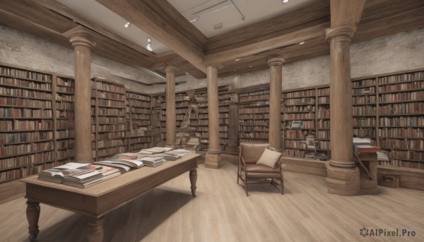 indoors,book,no humans,shadow,chair,table,sunlight,scenery,wooden floor,open book,bookshelf,book stack,library,ceiling,ladder,voile,pillar,column