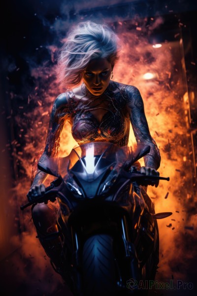 1girl,solo,long hair,breasts,looking at viewer,short hair,blue eyes,cleavage,jewelry,medium breasts,white hair,earrings,lips,bodysuit,tattoo,makeup,floating hair,fire,ground vehicle,motor vehicle,smoke,riding,arm tattoo,explosion,motorcycle,embers,underwear,small breasts,dark skin,bra,armor,dark-skinned female,see-through,glowing,piercing,lingerie,lipstick,black bra,wind,ear piercing,backlighting,science fiction,asymmetrical hair,realistic,nose,stud earrings,cyborg,very dark skin,mascara,cyberpunk,sparks