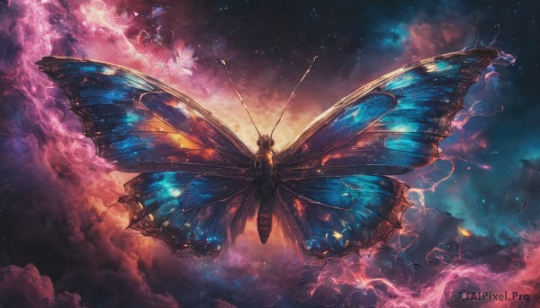 solo, holding, wings, sky, cloud, no humans, night, bug, butterfly, star (sky), starry sky, antennae, butterfly wings