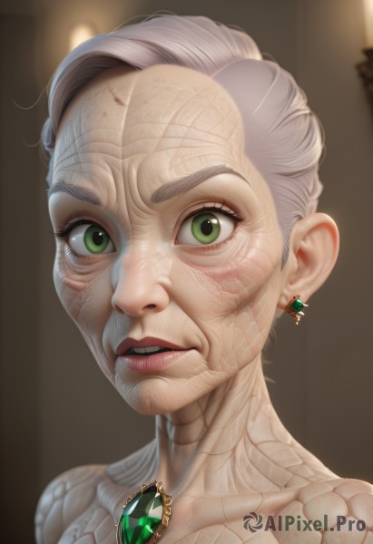 1girl,solo,looking at viewer,short hair,jewelry,green eyes,grey hair,earrings,parted lips,teeth,lips,makeup,gem,portrait,freckles,realistic,nose,old,old woman,upper body,white hair,artist name,eyelashes,watermark,web address,green gemstone,wrinkled skin