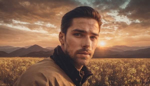 solo,looking at viewer,short hair,blue eyes,brown hair,shirt,black hair,1boy,jacket,upper body,male focus,outdoors,sky,collared shirt,cloud,black shirt,facial hair,scar,cloudy sky,portrait,scenery,beard,sunset,mountain,realistic,mustache,stubble,field,old,old man,flower,sunlight,scar on face