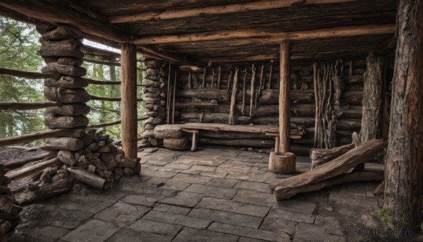 outdoors,day,tree,dutch angle,no humans,sunlight,plant,nature,scenery,forest,rock,stairs,ruins,pillar,stone,wood,indoors,window,wall,moss,stone floor,log,stone wall