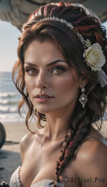 1girl,solo,long hair,breasts,looking at viewer,brown hair,black hair,hair ornament,dress,cleavage,bare shoulders,brown eyes,jewelry,medium breasts,underwear,collarbone,upper body,braid,flower,earrings,outdoors,parted lips,teeth,day,artist name,hair flower,blurry,lips,eyelashes,single braid,strapless,depth of field,blurry background,rose,ocean,beach,white flower,portrait,hair over shoulder,freckles,realistic,nose,watercraft,ship,smile,yellow eyes,red hair,multicolored hair,bra,white dress,streaked hair,makeup,tiara,strapless dress,white bra,white rose