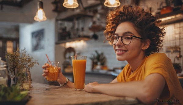 solo,looking at viewer,smile,short hair,brown hair,shirt,1boy,holding,brown eyes,jewelry,upper body,short sleeves,male focus,food,glasses,teeth,indoors,dark skin,mole,grin,blurry,bracelet,cup,lips,depth of field,blurry background,table,plant,t-shirt,messy hair,holding cup,mole under mouth,drinking glass,black-framed eyewear,curly hair,ice,drinking straw,yellow shirt,realistic,nose,drink,glass,wristwatch,potted plant,lamp,ice cube,restaurant,1girl,open mouth,sitting,freckles,watch,round eyewear,bar (place),ceiling light