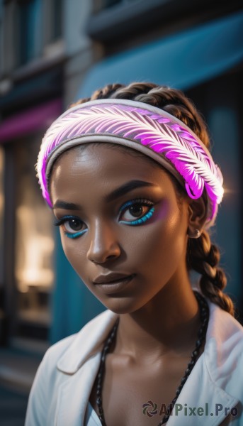 1girl,solo,long hair,breasts,looking at viewer,blue eyes,brown hair,shirt,cleavage,brown eyes,jewelry,collarbone,upper body,braid,multicolored hair,hairband,earrings,dark skin,necklace,blurry,dark-skinned female,lips,eyelashes,single braid,makeup,blurry background,headband,portrait,eyeshadow,freckles,realistic,nose,labcoat,very dark skin,smile,piercing,dreadlocks