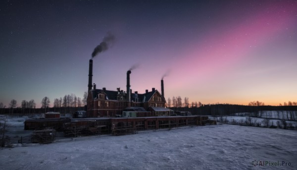 outdoors,sky,water,tree,no humans,night,ground vehicle,building,star (sky),night sky,scenery,snow,smoke,starry sky,sunset,city,house,bridge,lamppost,river,smokestack,chimney,motor vehicle,fence,cityscape,winter,bare tree,gradient sky,real world location