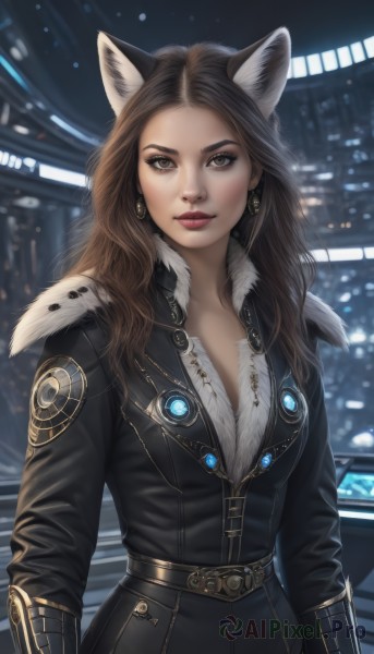 1girl,solo,long hair,breasts,looking at viewer,brown hair,animal ears,cleavage,brown eyes,jewelry,jacket,upper body,earrings,belt,cat ears,lips,fur trim,makeup,night,zipper,realistic,red lips,black hair,long sleeves,medium breasts,closed mouth,artist name,signature,blurry,black jacket,blurry background,black pants,wolf ears,lipstick,forehead,eyeshadow,backlighting,fur collar