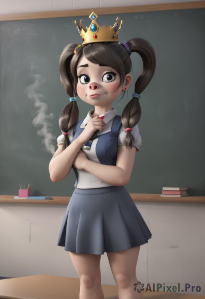 1girl,solo,long hair,looking at viewer,blush,smile,bangs,skirt,brown hair,shirt,black hair,hair ornament,holding,twintails,brown eyes,jewelry,closed mouth,school uniform,standing,white shirt,short sleeves,pleated skirt,earrings,necktie,puffy sleeves,collared shirt,indoors,black eyes,vest,lips,blue skirt,book,thick eyebrows,crown,child,smoke,hair tie,suspender skirt,female child,classroom,blue vest,pencil,chalkboard,chalk,mini crown