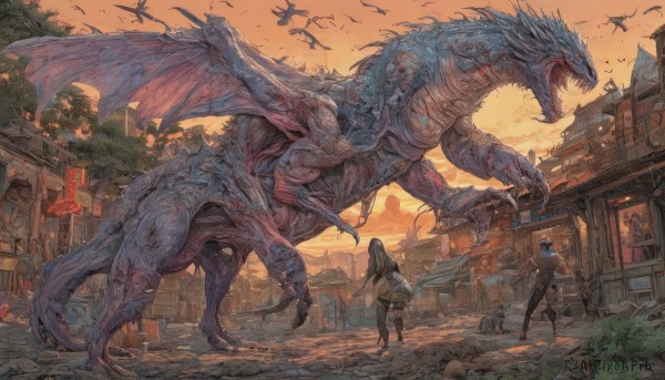 1girl,long hair,open mouth,multiple girls,black hair,tail,weapon,outdoors,multiple boys,wings,sky,teeth,cloud,bag,tree,bird,ground vehicle,building,scenery,flying,walking,sunset,monster,running,city,fantasy,dragon,road,house,street,dinosaur,brown hair,1boy,pants,2boys,lantern,sign,lamppost,town