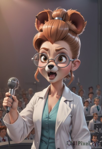 1girl,breasts,short hair,open mouth,brown hair,shirt,long sleeves,holding,animal ears,cleavage,brown eyes,jewelry,medium breasts,collarbone,upper body,ponytail,earrings,small breasts,multiple boys,necktie,glasses,teeth,solo focus,indoors,blurry,blurry background,fangs,microphone,furry,freckles,6+boys,round eyewear,furry female,labcoat,holding microphone,animal nose,buck teeth,aqua shirt,furrification,solo,looking at viewer,blush,thick eyebrows,short ponytail,crowd