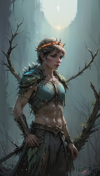 1girl,solo,breasts,short hair,skirt,brown hair,black hair,navel,holding,brown eyes,jewelry,medium breasts,closed mouth,standing,weapon,cowboy shot,outdoors,parted lips,midriff,artist name,necklace,stomach,holding weapon,armor,tree,lips,crop top,muscular,looking away,abs,shoulder armor,nature,forest,toned,pauldrons,bow (weapon),realistic,nose,arms at sides,branch,bracer,facepaint,looking afar,looking at viewer,braid,small breasts,hand on hip,fur trim,scar,crown