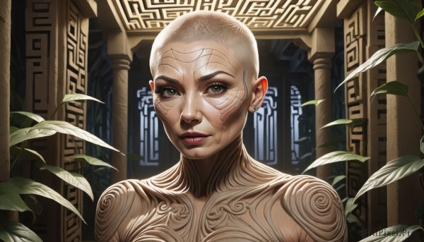 1girl,solo,looking at viewer,smile,short hair,brown eyes,jewelry,closed mouth,upper body,earrings,indoors,lips,grey eyes,tattoo,makeup,leaf,plant,lipstick,portrait,science fiction,realistic,nose,bald,very short hair,alien,white hair,facial mark,facial tattoo,bodypaint